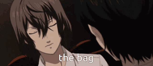a man with his eyes closed looks at another man with the words the bag written on the bottom