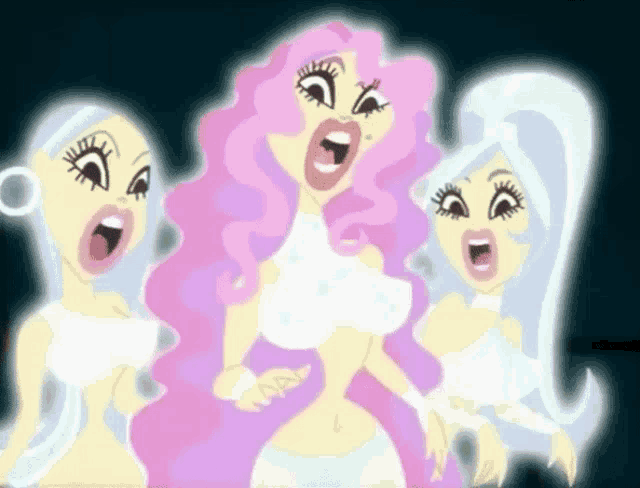 a cartoon of three women with pink hair singing