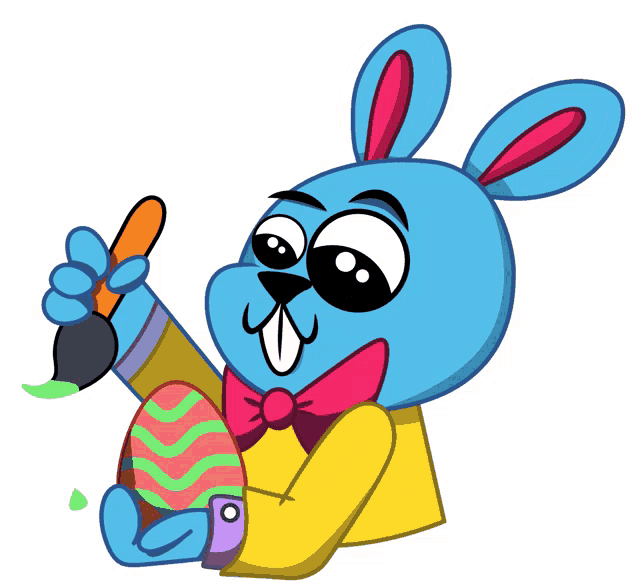 a blue bunny is holding an easter egg and painting it