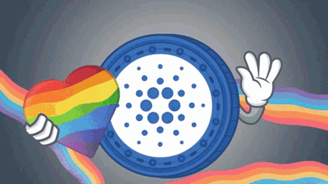 a cartoon character holding a rainbow heart and a coin