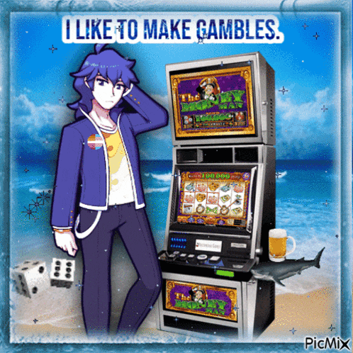 a man standing next to a slot machine with the words i like to make gambles