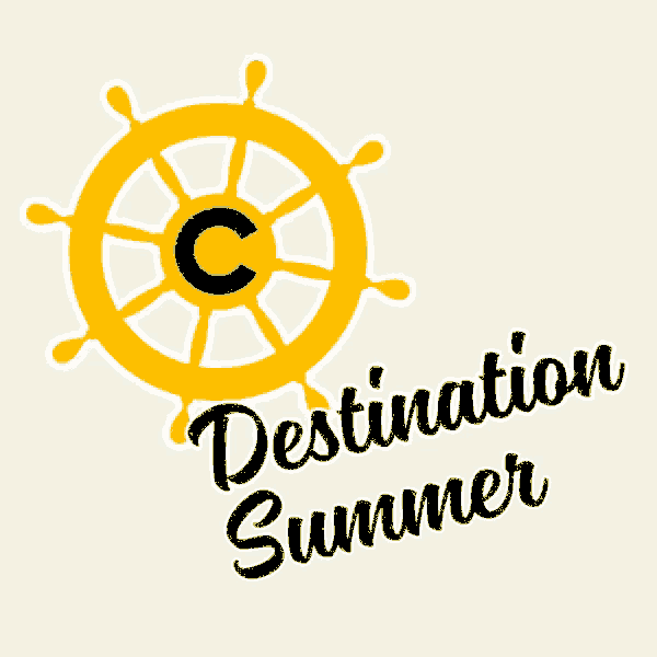a logo for destination summer with a ship wheel