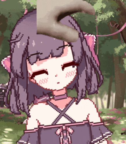 a pixel art drawing of a girl with purple hair and pink ears