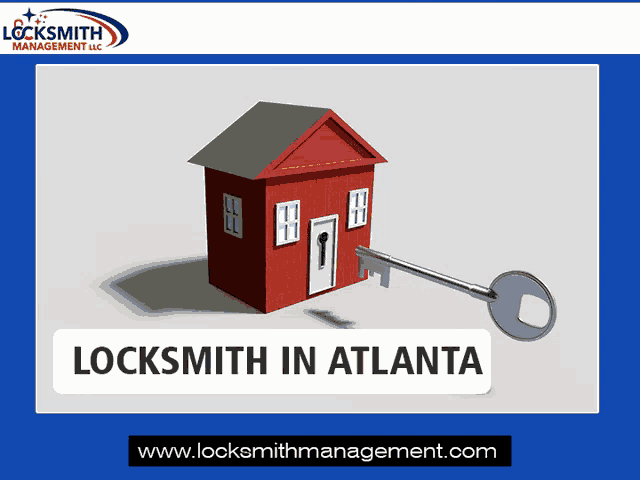 a poster for locksmith in atlanta shows a red house with a key in front of it