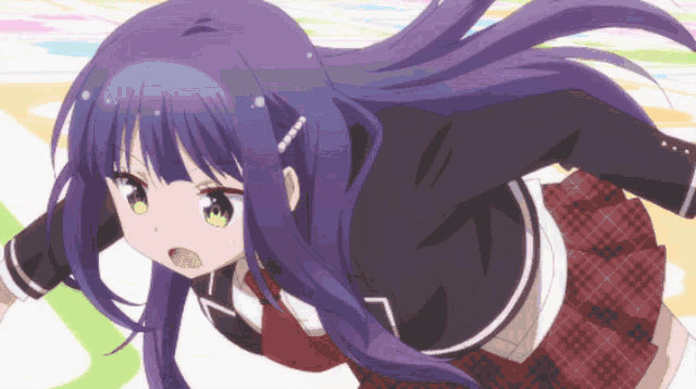 a girl with long purple hair and green eyes