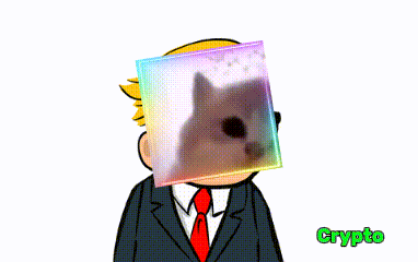 a cartoon of a man in a suit and tie with a picture of a cat covering his face