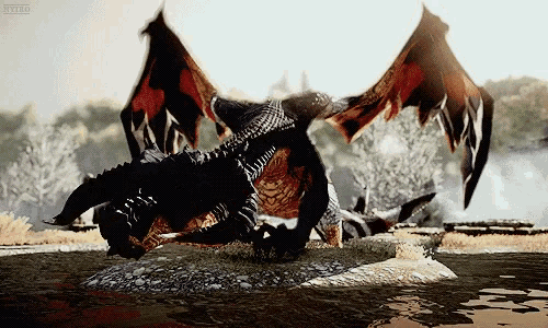 a dragon is laying on the ground with its wings outstretched in a video game scene