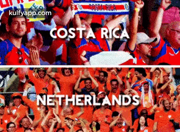 a group of people standing in a stadium with the words costa rica and netherlands written on them