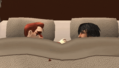 two cartoon characters are laying on a bed and one has a star on his head