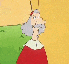 a cartoon character with gray hair and a mustache is wearing a red dress and hat .
