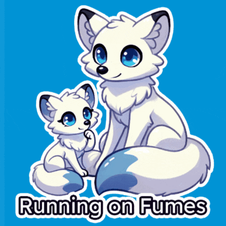 a blue background with two white foxes and the words running on fumes below them