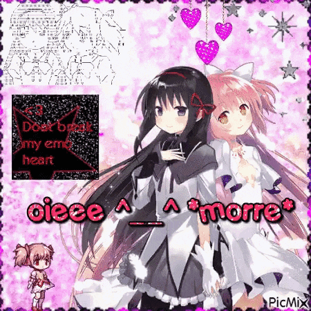 two anime girls are standing next to each other on a pink background with hearts and stars .