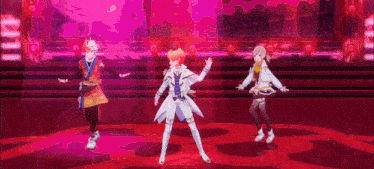 a group of anime characters are dancing on a stage in front of a purple background .