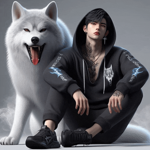 a man in a black hoodie sits next to a white husky dog