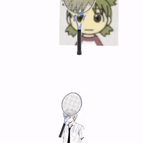 a drawing of a boy holding a tennis racquet with a picture of a turtle in the background