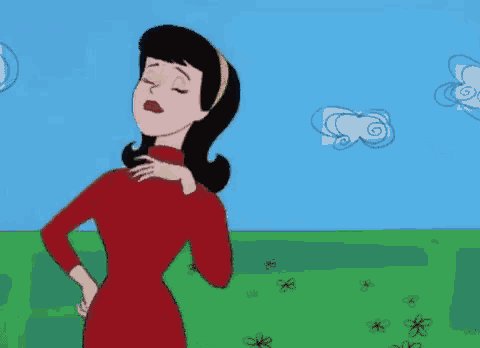 a cartoon woman in a red dress is standing in a grassy field with her eyes closed .