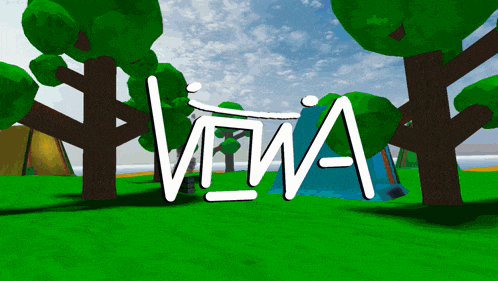 a cartoon landscape with trees and a blue tent with the word viwa written in white