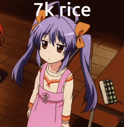 a girl with purple hair is standing in front of a sign that says " 7k rice "