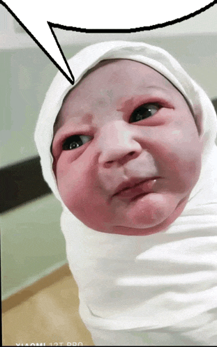 a baby is wrapped in a white blanket and has a speech bubble above his head