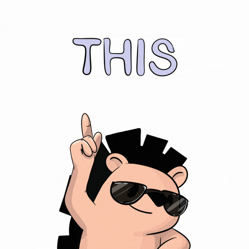 a cartoon of a hedgehog wearing sunglasses pointing up with the word this above him