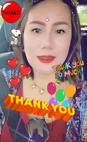 a woman is sitting in a car with balloons and hearts and says thank you so much