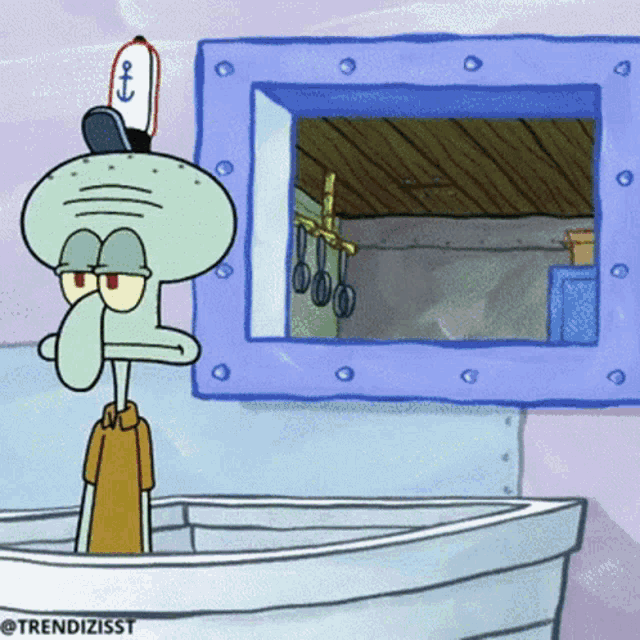 a cartoon of squidward from spongebob squarepants looking out of a window
