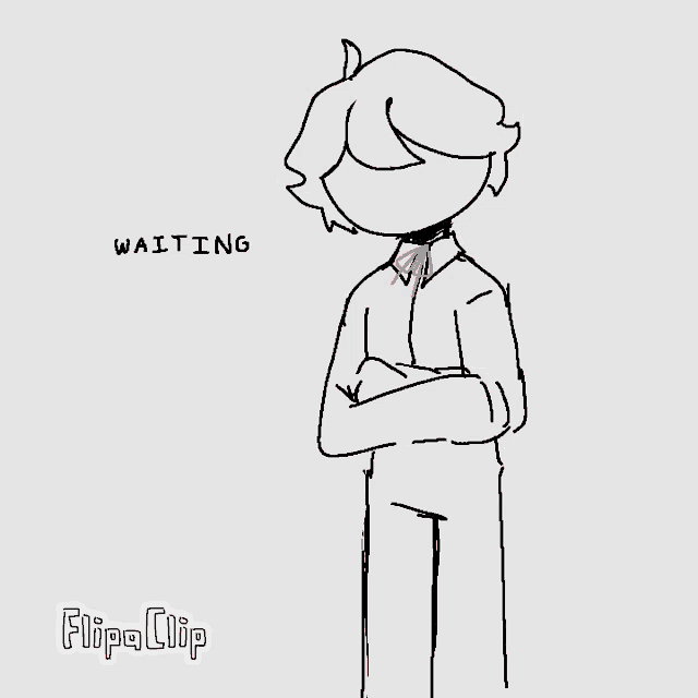a drawing of a man with his arms crossed and the word waiting behind him