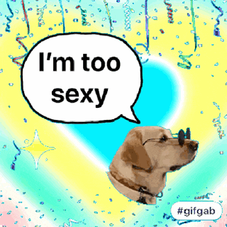a picture of a dog with a speech bubble saying i 'm too sexy