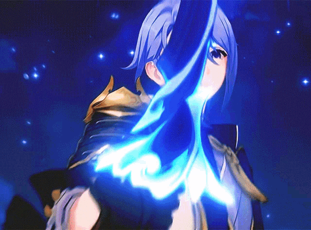 a girl with blue hair is holding a sword