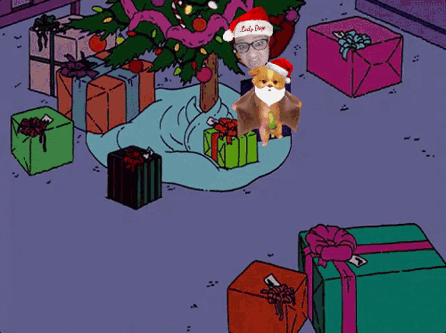 a cartoon of a man wearing a santa hat that says lady dogg