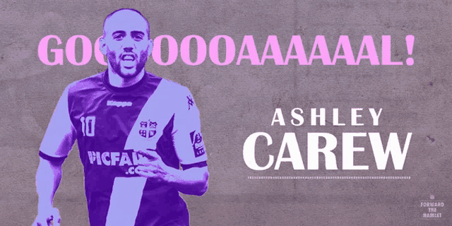an advertisement for ashley carew with a man in a purple jersey