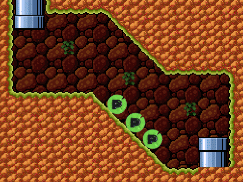 a pixel art of a rocky area with green circles that say p