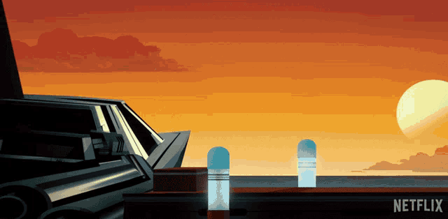 an advertisement for netflix shows a sunset with a car in the foreground