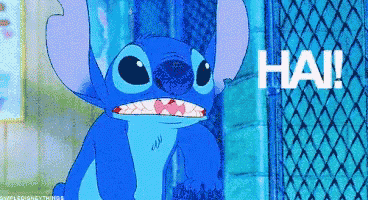 a cartoon of stitch with the word hai written on it