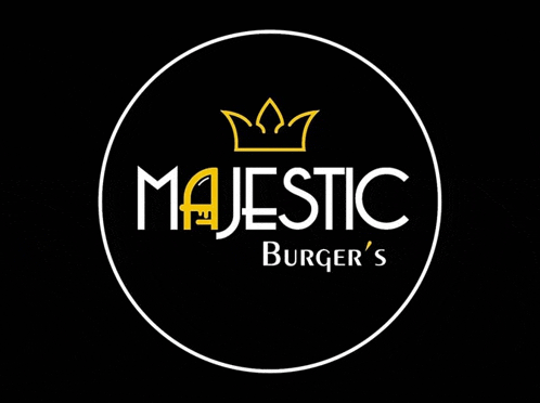 a logo for majestic burger 's with a crown on a black background