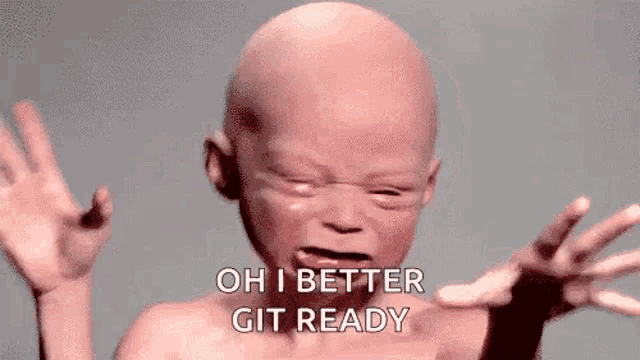 a baby with a bald head is crying and saying `` oh i better git ready '' with his hands outstretched .