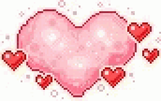 a pixel art heart with red hearts around it on a white background .