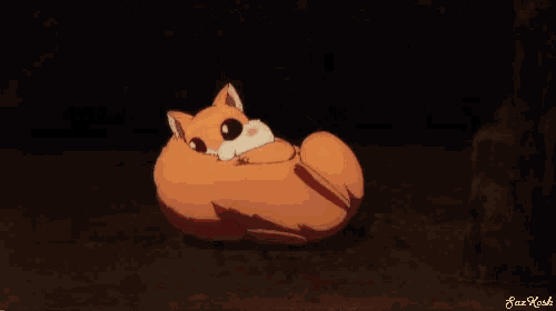 a cartoon squirrel is laying on its back on the ground in a dark room .