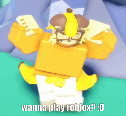 a cartoon character with a banana on his head says " wanna play roblox "