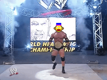 a wrestler with a monkey on his head is walking down a wrestling ring