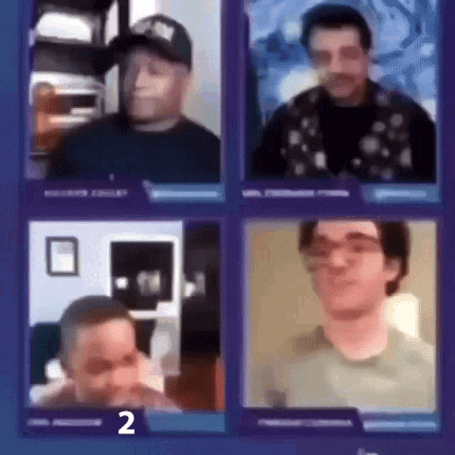 a group of men are having a video call and the number 2 is on the bottom right corner .