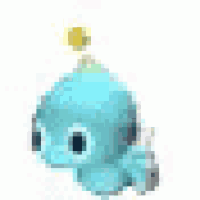 a blue octopus is floating in the air with a yellow object on its head .