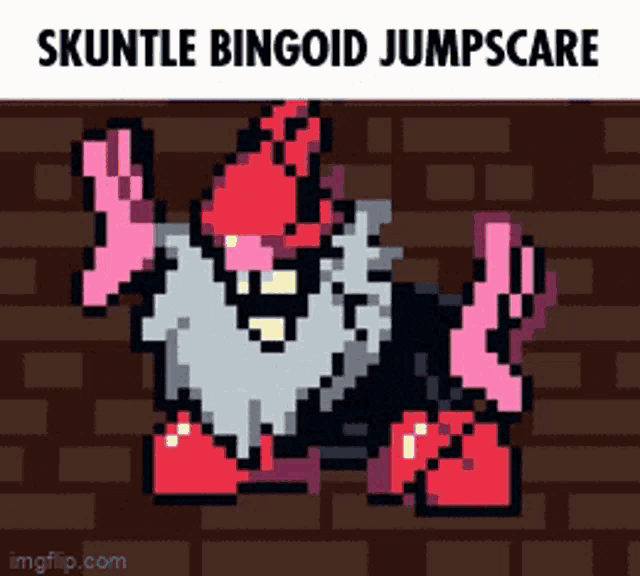 a pixel art drawing of a gnome with the words " skuntle bingoid jumpscare " written above it