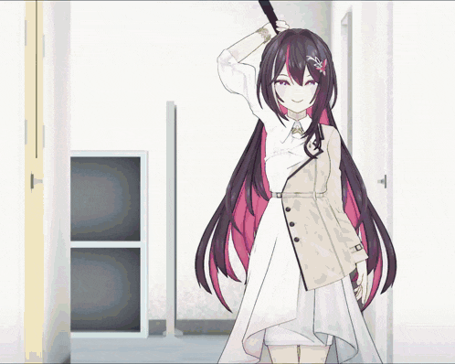 a girl with long purple hair is standing in a room