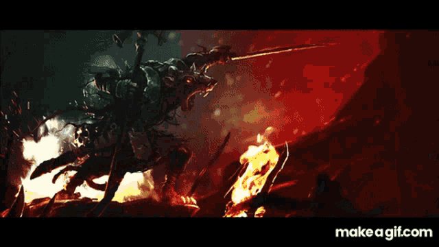 a painting of a monster holding a sword with the words " when they emerge it is a nightmare vision " below it