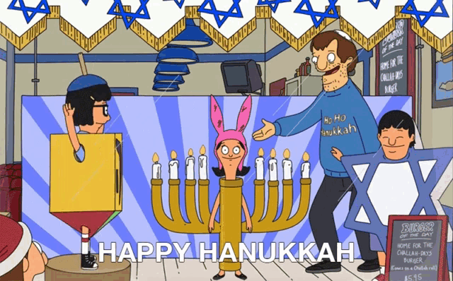 a happy hanukkah cartoon with bob 's burgers in the background