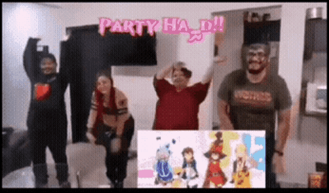 a group of people are dancing in front of a sign that says party ha d