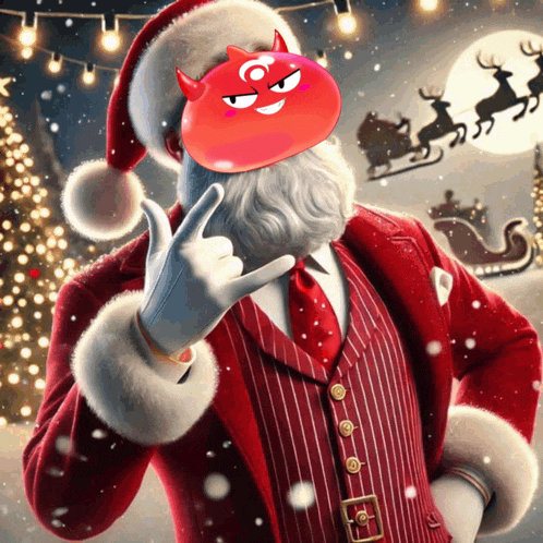 a picture of santa claus with a devil face on his head