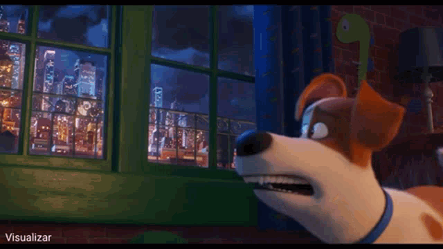 a cartoon dog is looking out a window with the words visualizar below him