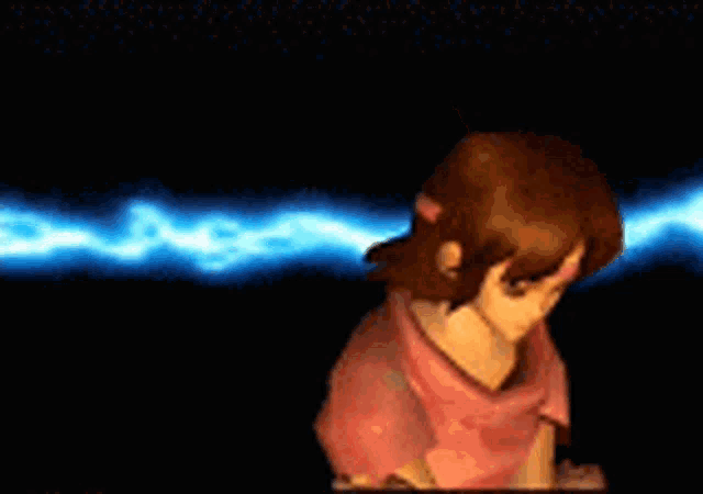 a girl in a pink shirt is standing in front of a blue lightning storm .